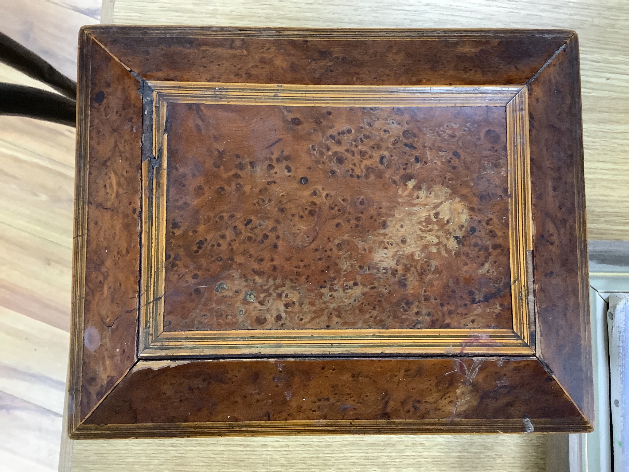 A Regency bird's eye maple work box, 13 cm high, 25 x 20cm and a parquetry box (2)